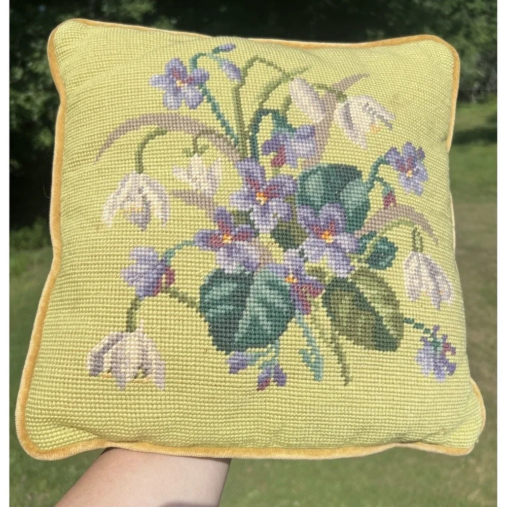 Vintage Hand Needlepoint Pillow Violets Snowdrops Mustard Velvet 12